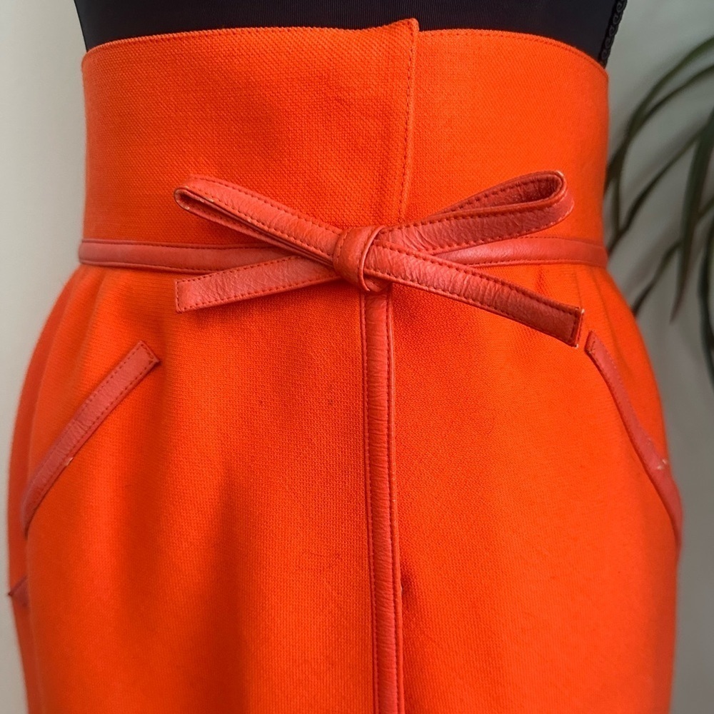 Vintage 1960 Andre Courreges orange wool maxi skirt leather trim high waist maxi - Picture 2 of 9